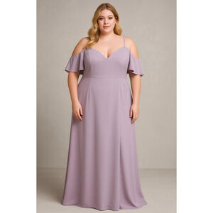 Jenny Yoo Women's Crepe Cold Shoulder Maxi Dress Taupe 16 V-Neck Spagetti Straps